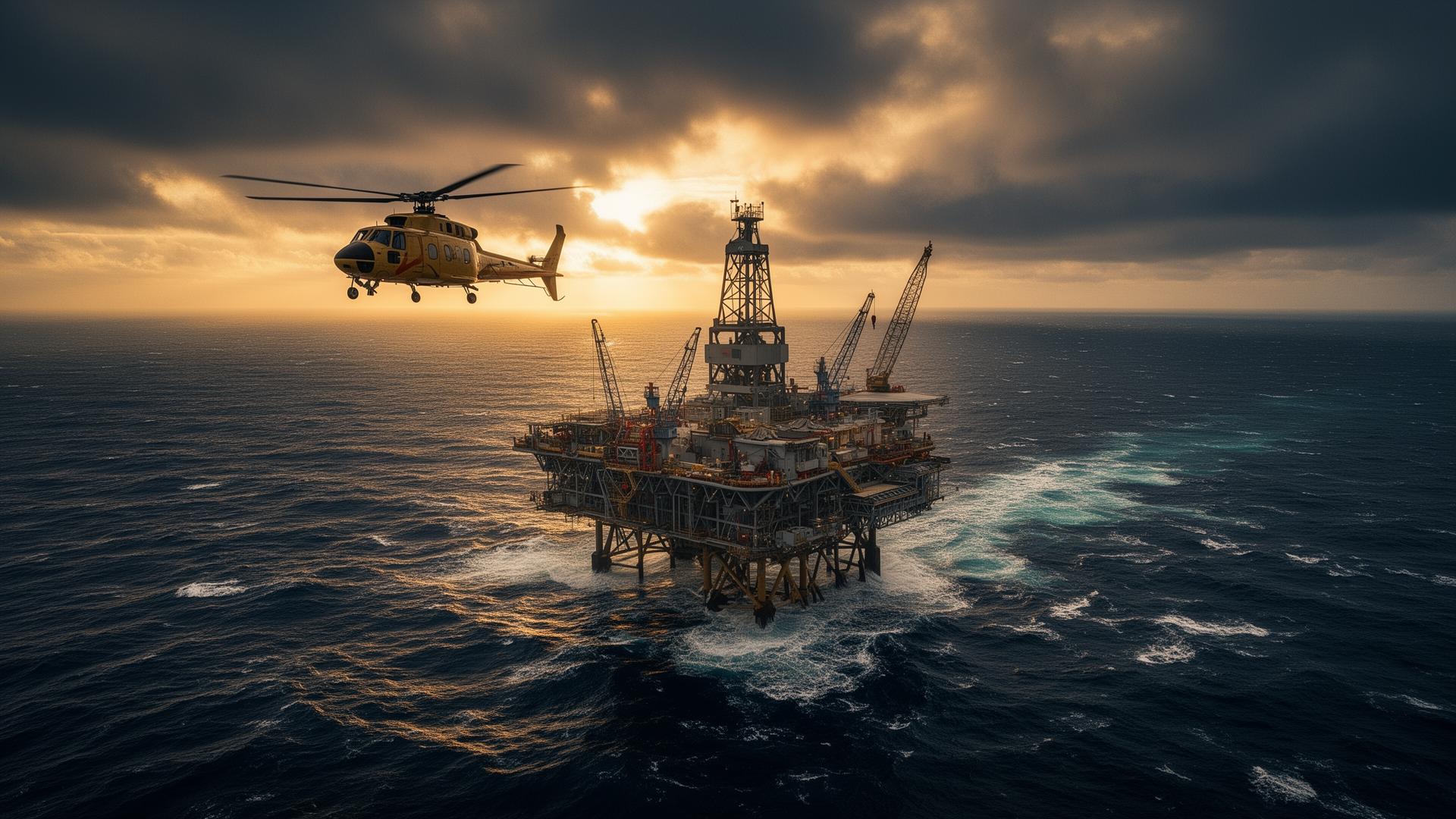 Helicopter approaching offshore rig at dusk