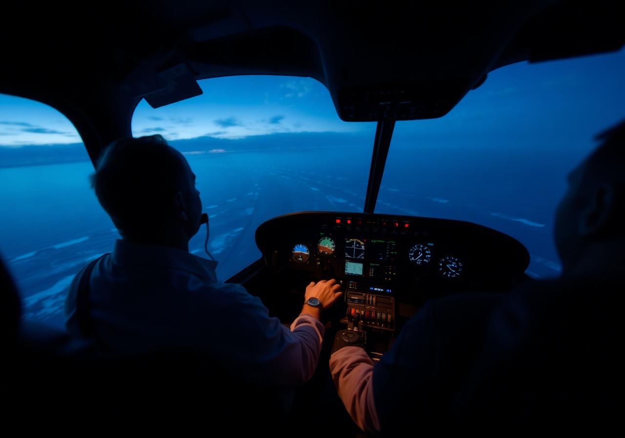 Pilot at helicopter controls over the North Sea